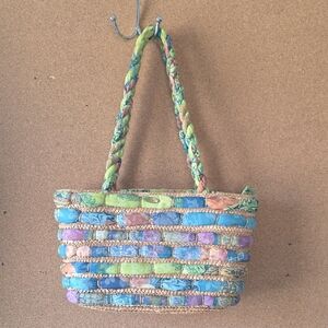 Cappelli Straworld Patchwork Woven Tote Bag  Multicolor Braided Fabric & Straw